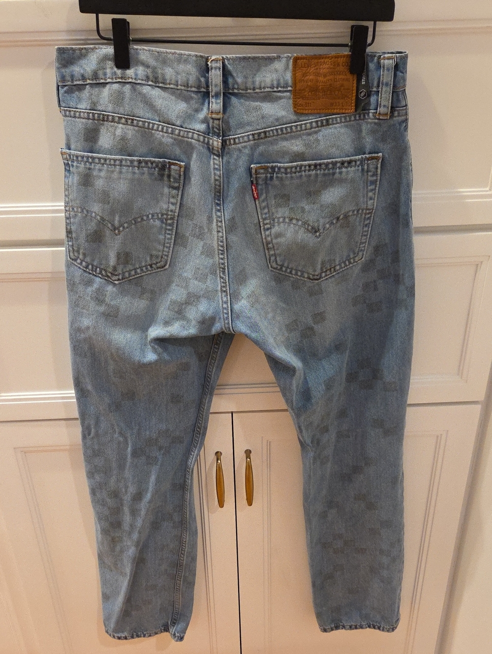 Levi's Men's Orange Tab Light Blue Checker-Pattern Slim Straight Jeans 33/30